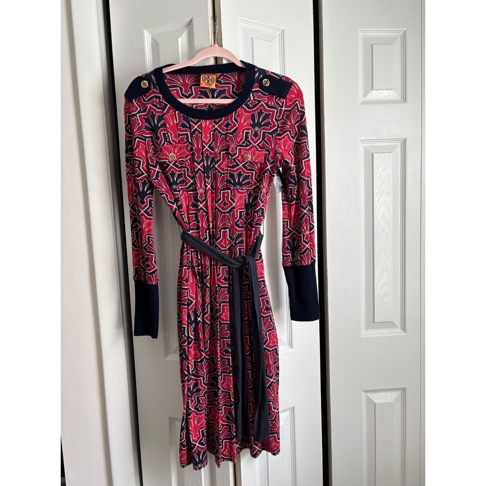Tory Burch Truman Silk Blend Dress Small Magenta Navy Geometric Belted - Picture 2 of 11